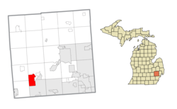 威克瑟姆在奧克蘭縣及密歇根州的位置（以紅色標示）