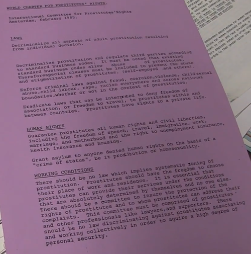 Page 1/2 of an original copy of the World Charter for Prostitutes' Rights (1985) World Charter for Prostitutes Rights.png