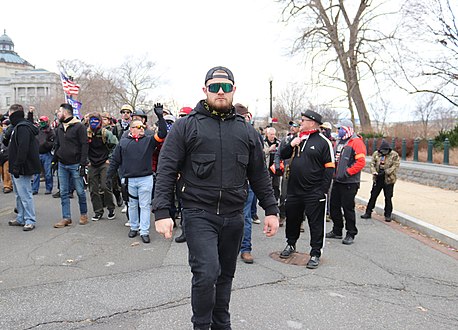 Nordean leading Proud Boys toward the Capitol. Image: Elvert Barnes.