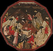 Escena de Giovanni Boccaccio de la Comedia delle ninfe Fiorentine , Descubrimiento de las ninfas de Ameto y contienda entre los pastores y Alcesto Acaten, c. 1410.