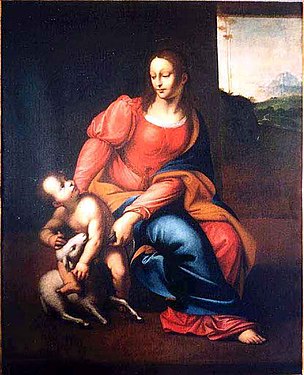 Painting depicting a group formed by a seated woman facing a child riding a lamb.