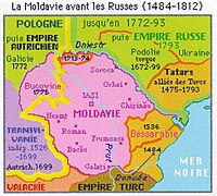 1812年以前。ドニエストル川の東側がロシア帝国、西側にオスマン帝国の属国モルダヴィア公国が存在し、南部はオスマン領ベッサラビア（ブジャク地域に相当）だった。