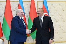 Lukashenko during a bilateral meeting with Azerbaijani president Ilham Aliyev in Baku, Azerbaijan, April 2021 Azerbaijani, Belarus presidents made press statements, April 2021 04.jpg
