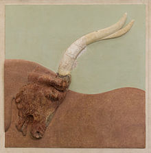Relief fresco of a bull's head, part of a much larger scene, from Knossos, AMH Bull relief fresco archmus Heraklion.jpg