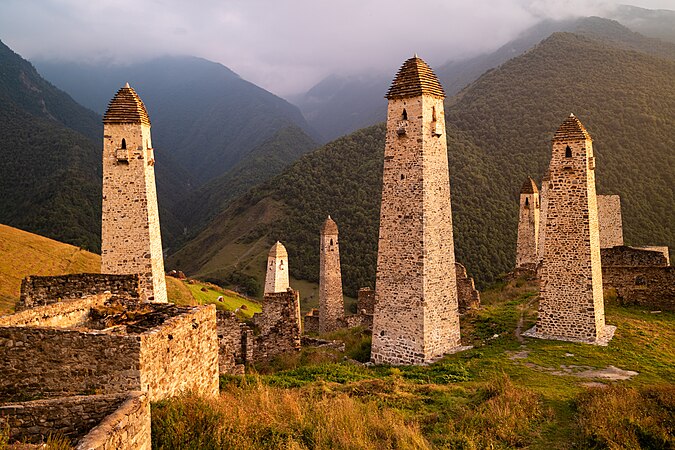 Fortified military towers near the village of Erzi, Ingushetia