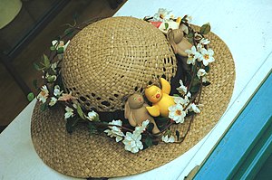 An Easter bonnet in a shop window in Conway.