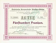 Share of the Elektrische Strassenbahn Wetzikon-Meilen AG, issued 19. April 1904[4]