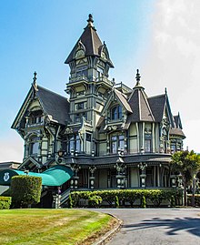 The Carson Mansion in Eureka, California, is considered one of the finest examples of American Queen Anne style architecture. EurekaHistoricDistrict-CarsonMansion2.jpg