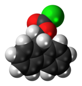 Ball-and-stick model of the fluorenylmethyloxycarbonyl chloride molecule{{{画像alt1}}}