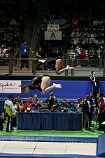 Female synchronized trampoline performance