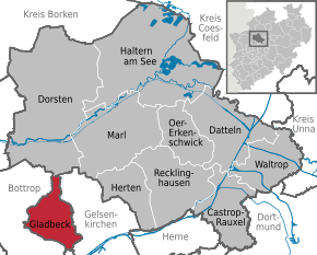 Poziția orașului Gladbeck pe harta districtului Recklinghausen