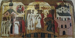Церковь Знамения Богородицы (справа) на иконе «Битва новгородцев с суздальцами» (1-я пол. XVI в., ГРМ).