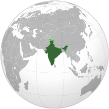 Område kontrolleret af Indien i mørkegrøn; Område som Indien gør krav på i lysegrøn.