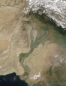 Satellite view of the Indus River Basin, showing snow in the mountain ranges--including the Himalayas--which feed the Indus river and its tributaries, and agricultural areas in eastern Pakistan and northwestern India that draw on them for irrigation. Indus.A2002274.0610.1km.jpg