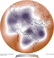 Een polar vortex die zich zuidwaarts uitstrekt op 5 januari 2014