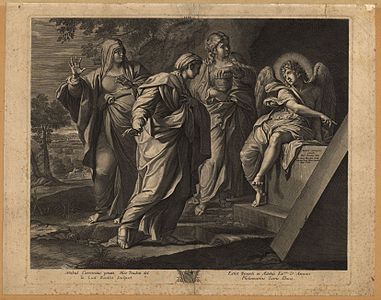 Annonce de la résurrection du Christ faite aux trois Marie, gravé lors d'un séjour à Naples vers 1680 d'après Annibale Carrache.