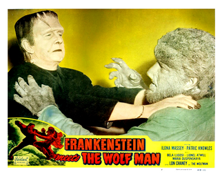 Image promotionnelle du film Frankenstein rencontre le loup-garou (1943) avec Bela Lugosi dans le rôle du Monstre et Lon Chaney Jr. dans le rôle du loup-garou.