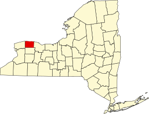 A map of New York showing county lines. A county in the northwest corner of the state along the Lake Ontario shoreline is highlighted in red.