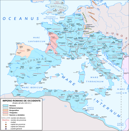 The Western Roman Empire in 418 AD, following the abandonment of Britannia & the settlement of the Visigoths, Burgundians and Suebi within imperial territory as foederati