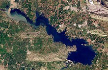 Water levels at a reservoir upstream of Mosul Dam. Mosul Dam Lake 2019.jpg