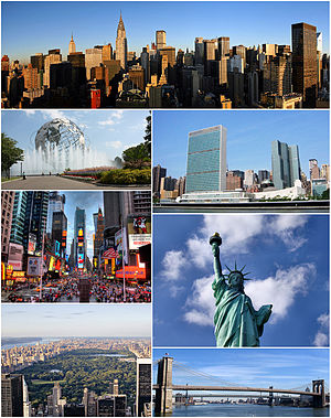 Clockwise from top: Midtown Manhattan, the United Nations Headquarters, the Statue of Liberty, the Brooklyn Bridge, Central Park, Times Square, and the Unisphere in Queens.