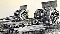 Two mortars with Bonagente grousers. A pit could be dug beneath the breech for high-angle fire.