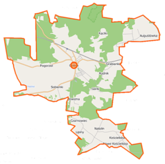 Mapa konturowa gminy Osieck, blisko centrum na prawo u góry znajduje się punkt z opisem „Grabianka”