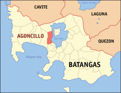 Mapa ng Batangas na nagpapakita ng lokasyon ng Agoncillo.