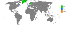 Land hvor Freja (grønt), Freya (blått) og Freyja (oransje) er mye brukt.