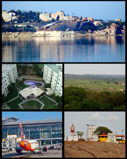Rangareddy District Montage. Clockwise from Top Left: شامیر پیٹ lake view, Ananthagiri Forests at وقار آباد, Keesaragutta Temple, راجیو گاندھی بین الاقوامی ہوائی اڈا at شمس آباد, Residential buildings in میاپور.