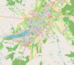 Mapa konturowa Rawy Mazowieckiej, blisko centrum u góry znajduje się punkt z opisem „Zamek w Rawie Mazowieckiej”