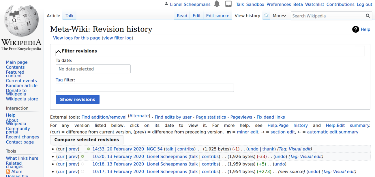 Screenshot of the history of changes made to the Wikipedia article: "Meta-Wiki"