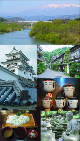 Dari atas ke bawah, kiri ke kanan : Pegunungan Zaō & Sungai Shiroishi, Istana Shiroishi, Kamasaki Onsen, Boneka Yajiro Kokeshi, Shiroishi Hot Noodle (Umen), dan Mausoleum Klan Katakura.