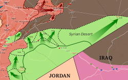 A katonai helyzet Dél-Szíriában február 6. és április 30. között. A kormány előretörése a térkép tetején látható.