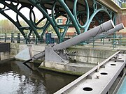 Gate, hydraulics, concrete pier and bridgework of the Tees Barrage.