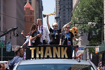 The United States women's national soccer team celebrate their 2019 FIFA Women's World Cup win during a ticker tape parade in New York City