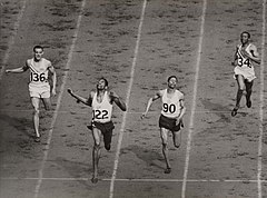 The finish of the mens 400 metres at the Olympic Games, London, 1948. (7649947722).jpg