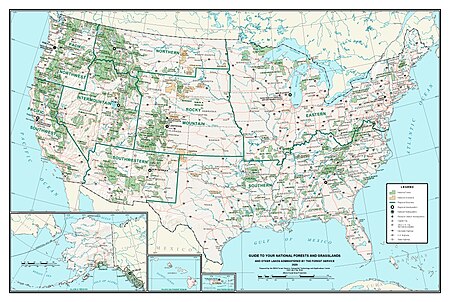 一張標註了美國的國家森林、國家草原位置的地圖