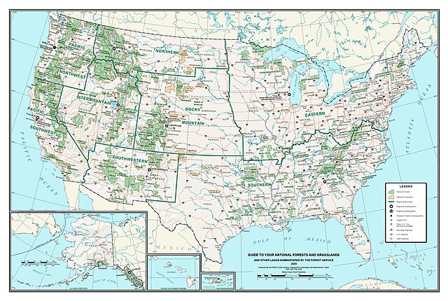 A map of the United States showing the locations of the National Forests and National Grasslands