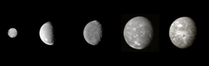 Major moons of Uranus in order of increasing distance (left to right), at their proper relative sizes and albedos. From left to right, they are Miranda, Ariel, Umbriel, Titania, and Oberon. (collage of Voyager 2 photographs) Uranian moon montage, albedo corrected.png