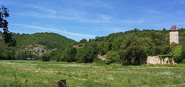 Photo montrant une prairie herbeuse plate avec en fond des collines calcaires boisées.