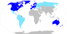 The Western world derived on Samuel P. Huntington's 1996 Clash of Civilizations. In turquoise are Latin America and the Orthodox World, which are either a part of the West or distinct civilizations intimately related to the West. Western World Latin America torn countries.png