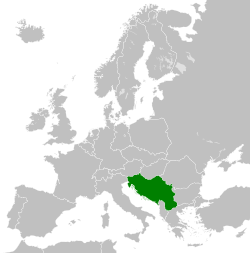 Map of Europe in 1989, showing Yugoslavia highlighted in green