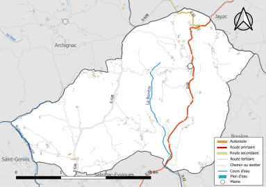 Carte en couleur présentant le réseau hydrographique de la commune