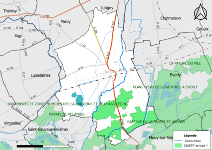 Carte des ZNIEFF de type 1 de la commune.