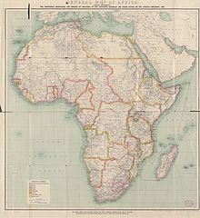A 1909 map of Africa; the Horn of Africa is the easternmost projection of the African continent. Africa 1909, Edward Hertslet (Map of Africa by treaty, 3rd edition).jpg