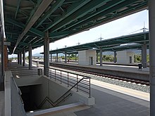 View of the first two platforms and the tracks, Aigio railway station, May 2019