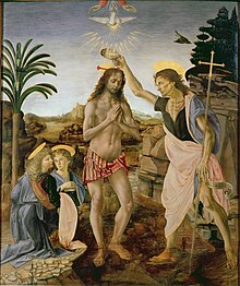 Painting showing Jesus, naked except for a loin-cloth, standing in a shallow stream in a rocky landscape, while to the right, John the Baptist, identifiable by the cross that he carries, tips water over Jesus' head. Two angels kneel at the left. Above Jesus are the hands of God, and a dove descending.