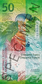 The Alps are featured on the Swiss fifty-franc banknote since 2016. CHF 50 9 back.jpg