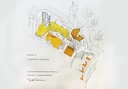 Veduta assonometrica dei principali interventi di consolidamento, effettuati dal professor architetto Massimo Ricci, nel 1995.